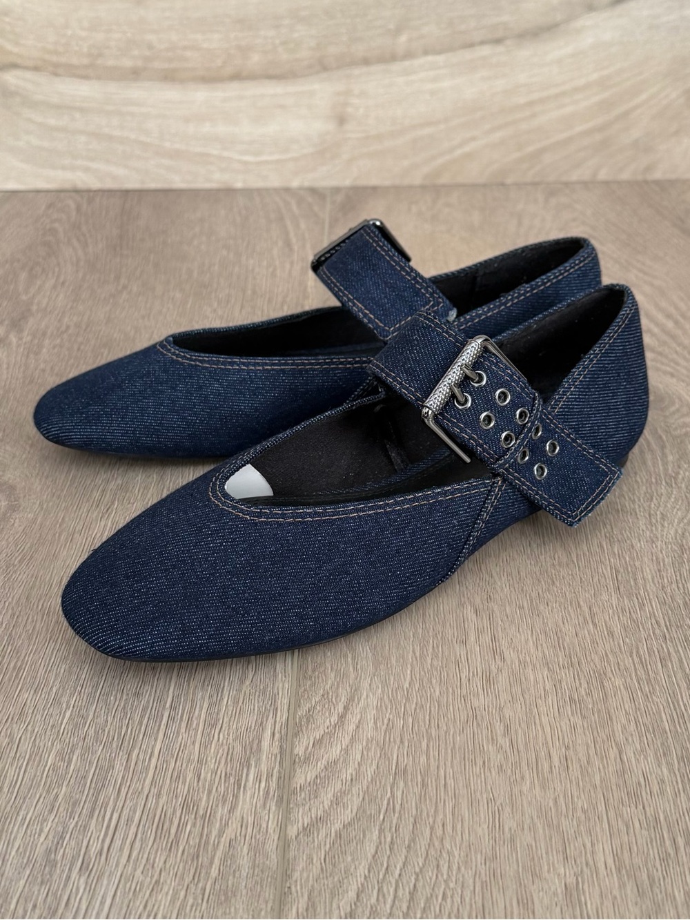 Zara Denim Mary Jane Flats with Buckle Strap - Size 38